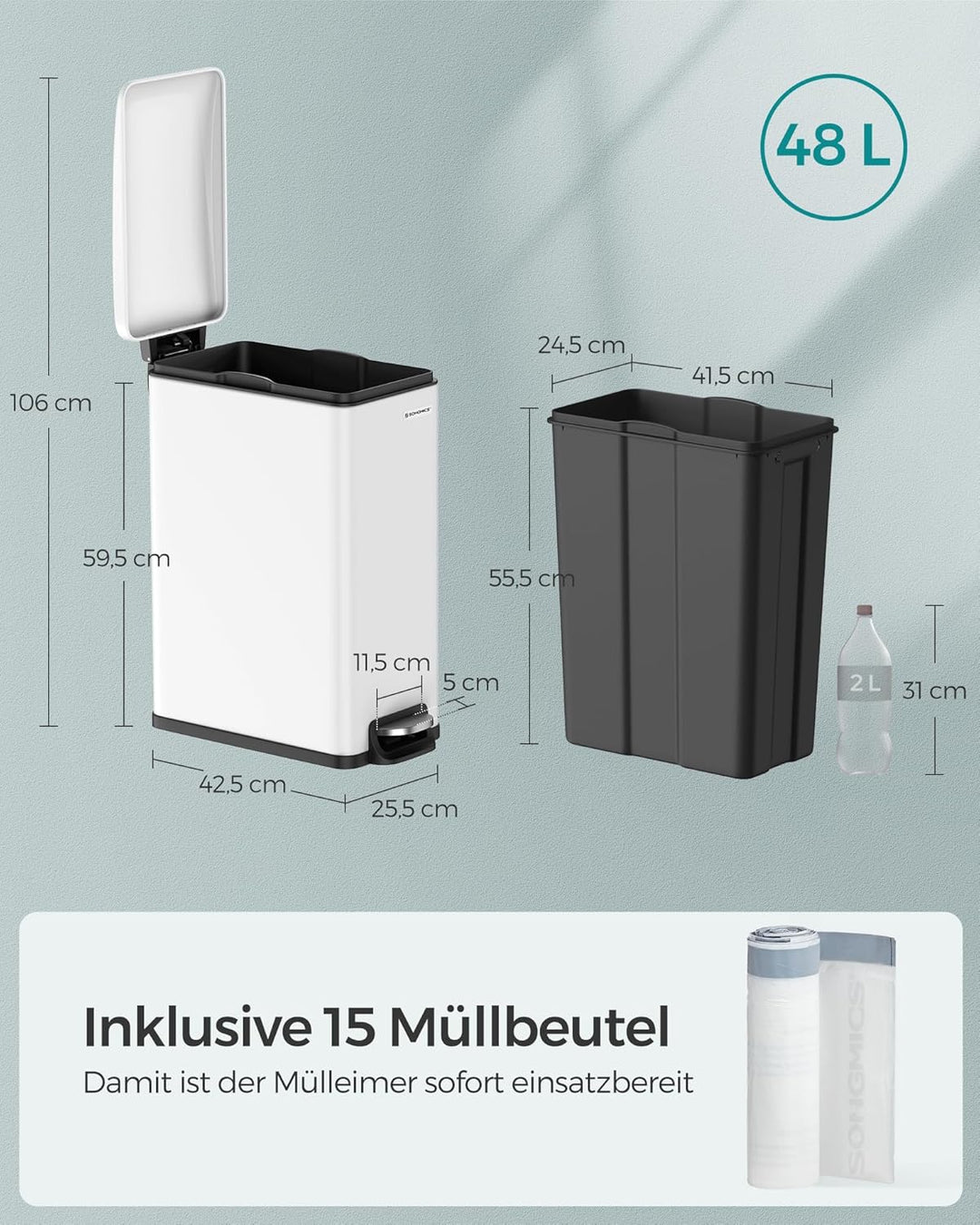 ‎SONGMICS Mülleimer Küche, 48 Liter, schmal, Abfalleimer, Tretmülleimer für enge Räume, Küchenmüllei