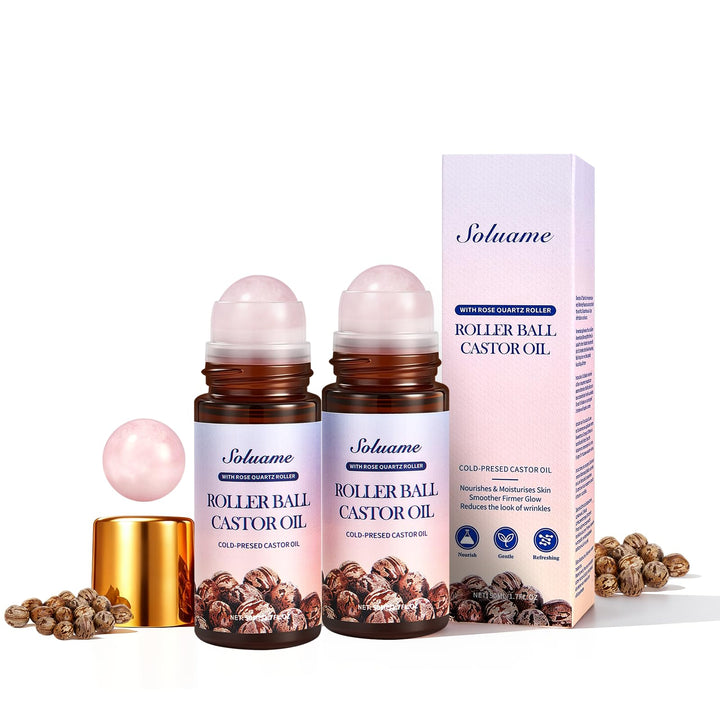 Rollerball Rizinusöl mit Rosenquarz Roller, Kaltgepresstes Reines Rizinusöl Roll On für Gesicht Körp