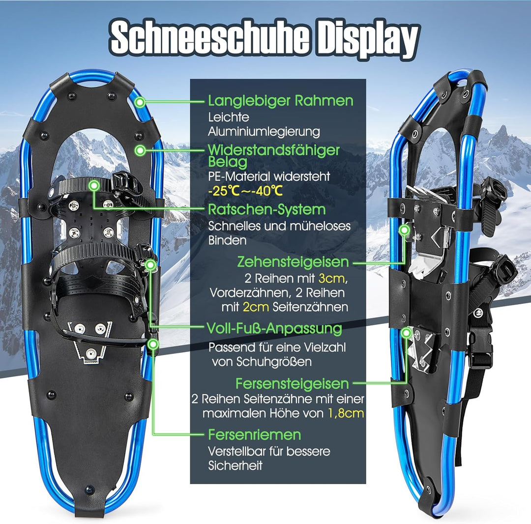 COSTWAY 4-in-1 Schneeschuhe-Set, Schuhgrösse 38-45, Schneeschuhe mit Doppel-Ratschenbindungssystem,