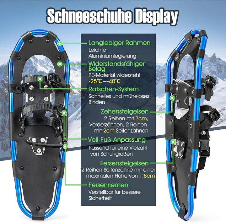 COSTWAY 4-in-1 Schneeschuhe-Set, Schuhgrösse 38-45, Schneeschuhe mit Doppel-Ratschenbindungssystem,