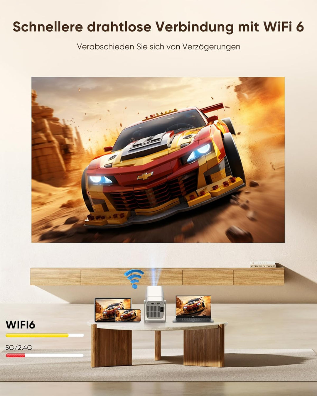 Mini Beamer Kompatibel mit Netflix 1080P Full HD, Integrierte Apps, WiFi & Bluetooth, Elektrischer F