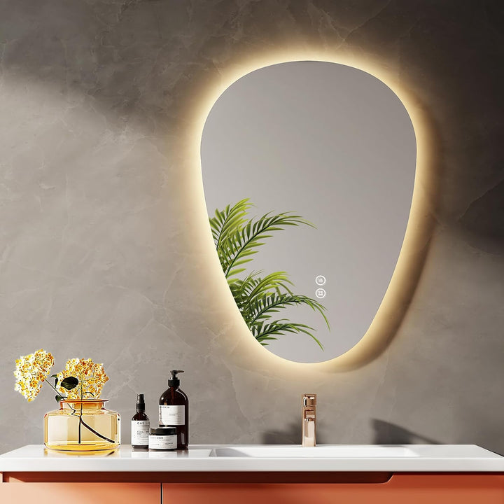 EMKE Badspiegel mit Beleuchtung 70 x 50 cm Asymmetrischer LED Spiegel mit Touch-Schalter, 3 Lichtfar