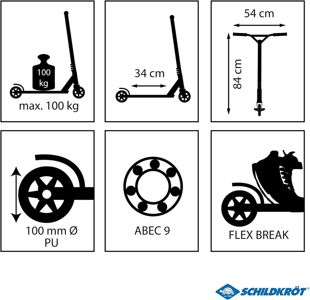 Schildkröt Stunt Scooter Kickless, toller Stuntscooter mit HIC-Compression und Alu-Felge, 100 mm PU
