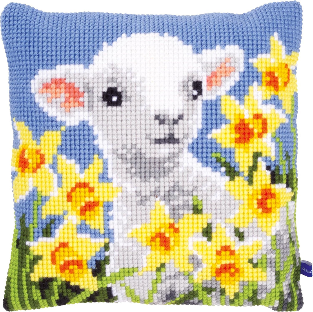 Vervaco Kreuzstichkissen Lamm Kreuzstickpackung vorgedruckt, Stramin, weiss, 40 x 40 x 0,3 cm