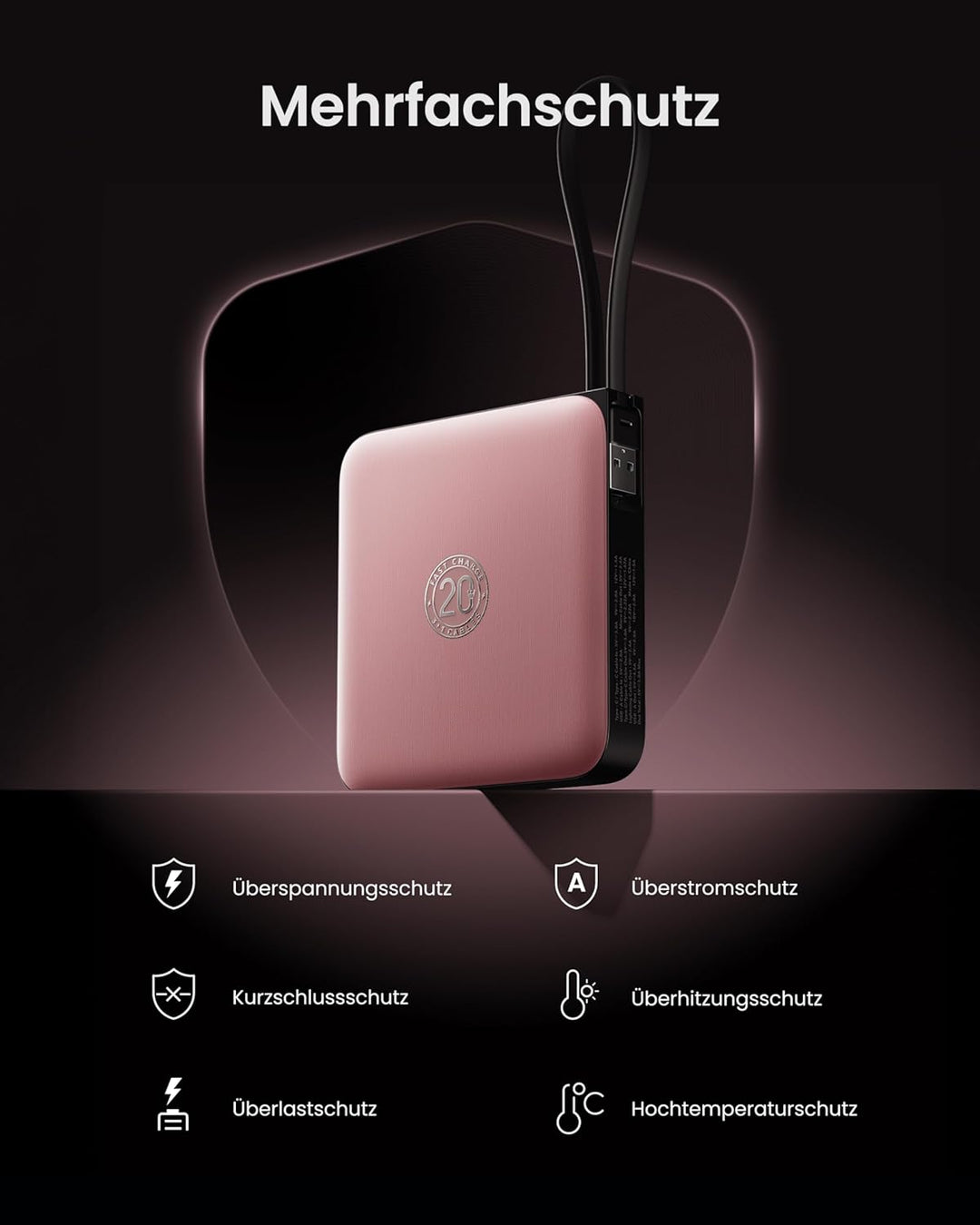 Powerbank 20000mAh USB-C 22.5W Schnellladung, Tragbarer Akku mit 4 Integrierten Kabeln & LED-Display