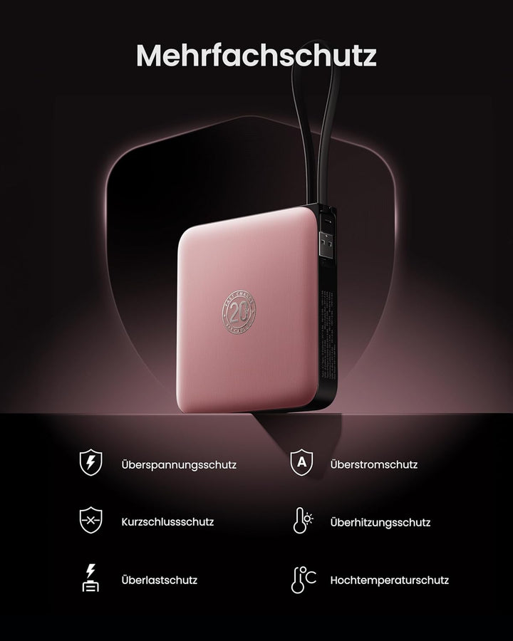 Powerbank 20000mAh USB-C 22.5W Schnellladung, Tragbarer Akku mit 4 Integrierten Kabeln & LED-Display