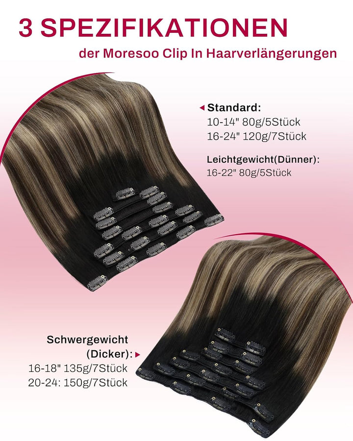 Moresoo Clip in Extensions Echthaar Schwarz Remy Echthaar Extensions Clip in Balayage Haarextension