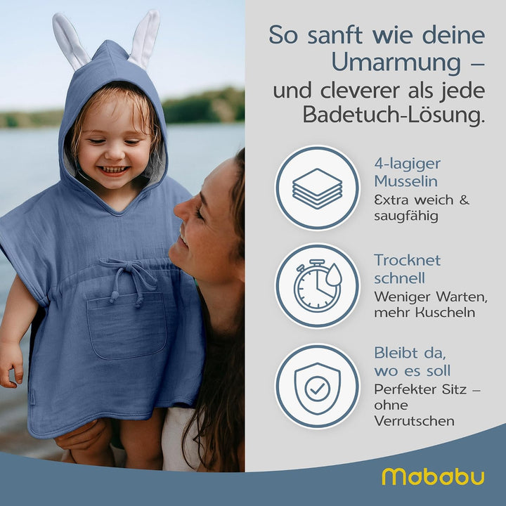 Badeponcho Baby &amp; Kinder EXTRA weich (100% Bio-Baumwolle) | Kinder Badeponcho 1-7 Jahre| Handtuch Po