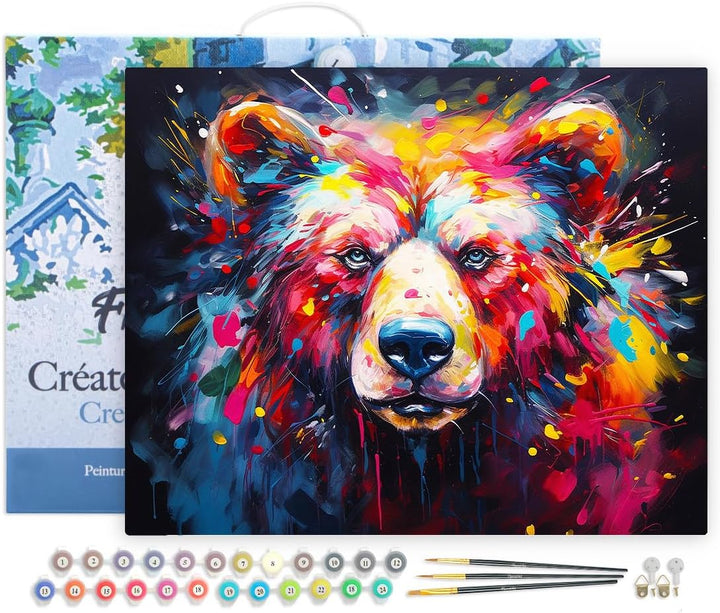 Figured'Art Malen Nach Zahlen Erwachsene Mit Rahmen Bär Farbenfroh Abstrakt - Paint by Numbers Baste