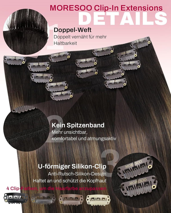Moresoo Echthaar Extensions Clip Balayage Remy Clip in Extensions Echthaar Ombre Dunkelstes Braun mi