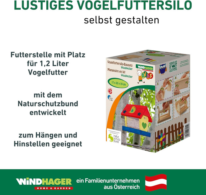 Windhager Vogelfuttersilo-Bausatz Woodpecker, Vogelhaus Futterstation, inklusive Farbset zum Bemalen