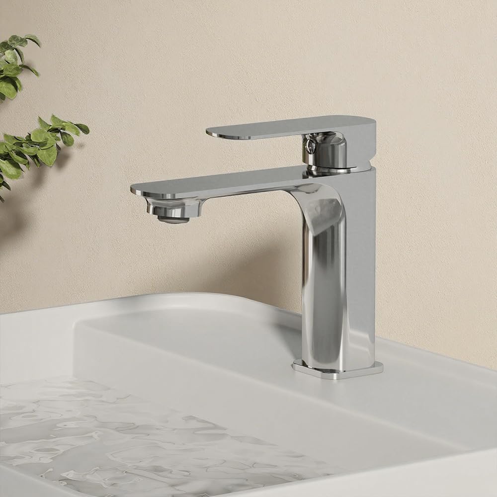 EMKE Waschtischarmatur Chrom, Wasserhahn Bad Mischbatterie Ultrathin, German 4MS Kupfer mit DVGW Zer