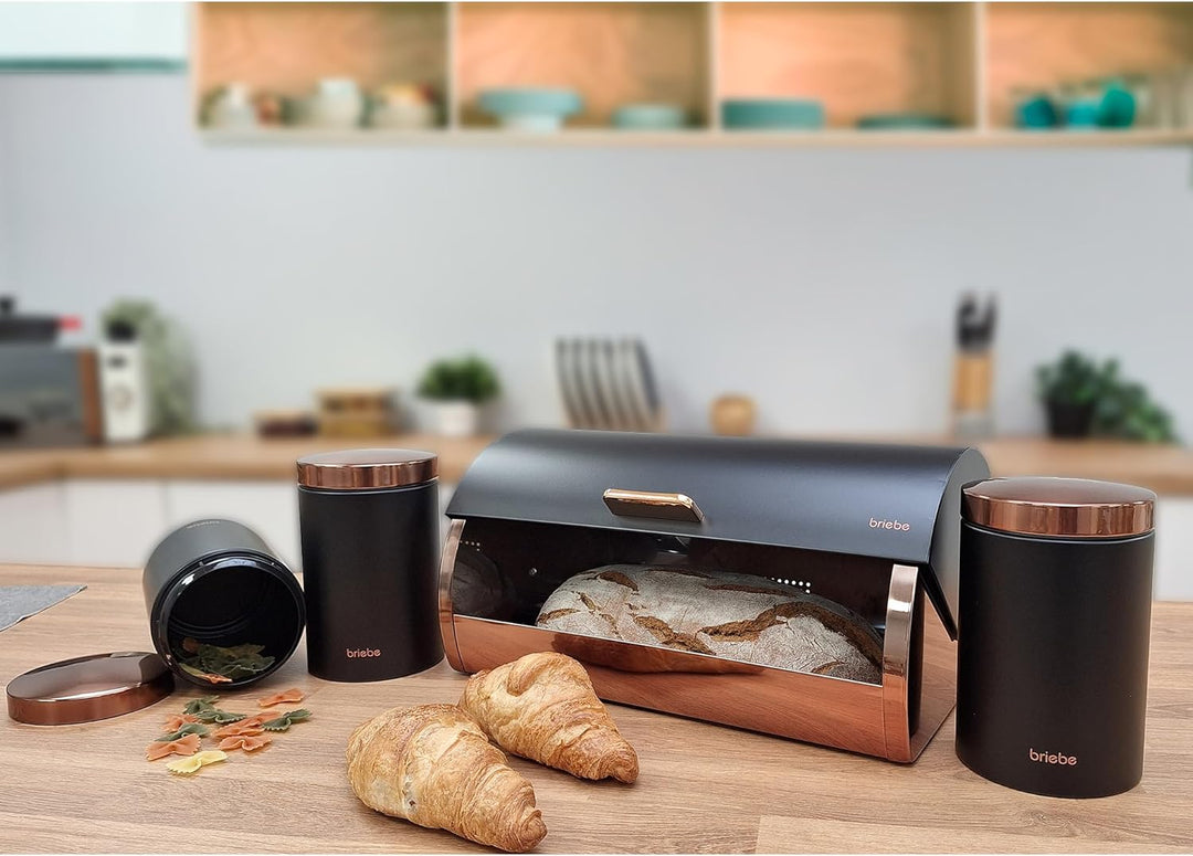 briebe Set aus Brotkasten +3 Küchenvorratsdosen Edelstahl, Brot- und Brötchenbehälter, Schiebedeckel