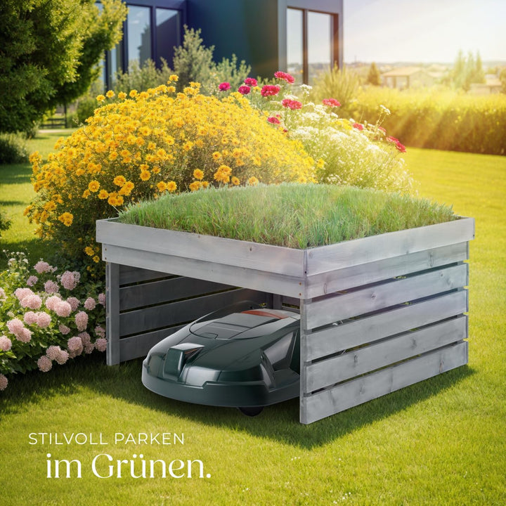 tectake® Mähroboter Garage, Holz Unterstand für Rasenmähroboter, mit Pflanzkasten, wetterfest, Rasen