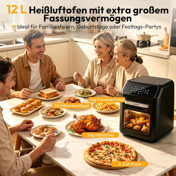 LLIVEKIT Heissluftfritteuse Heissluft-Backofen 12L, Mini-Backofen 1800W mit 6 Zubehör & Rezeptbuch,