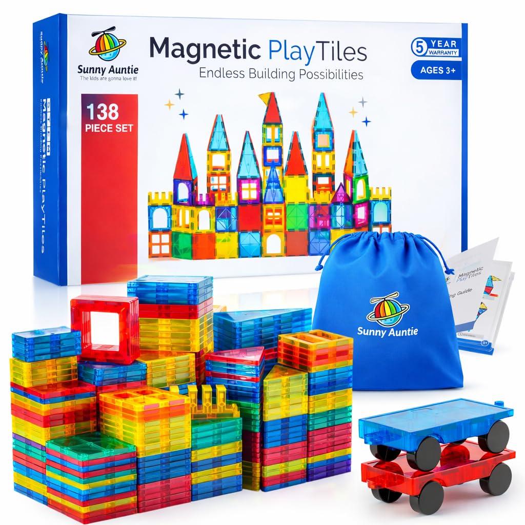 Sunny Auntie Magnetic Tiles 138 PCS, Magnetic Tiles for Kids &amp; Toddlers, Toy for 3 4 5 6 7 8 Year Ol