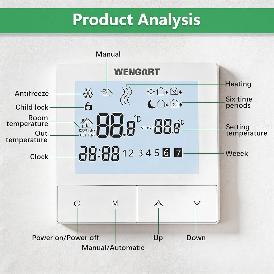 Wengart Thermostat für Fussbodenheizung WG372,AC230V 3A LCD-Anzeige, manueller Programmiermodus opti