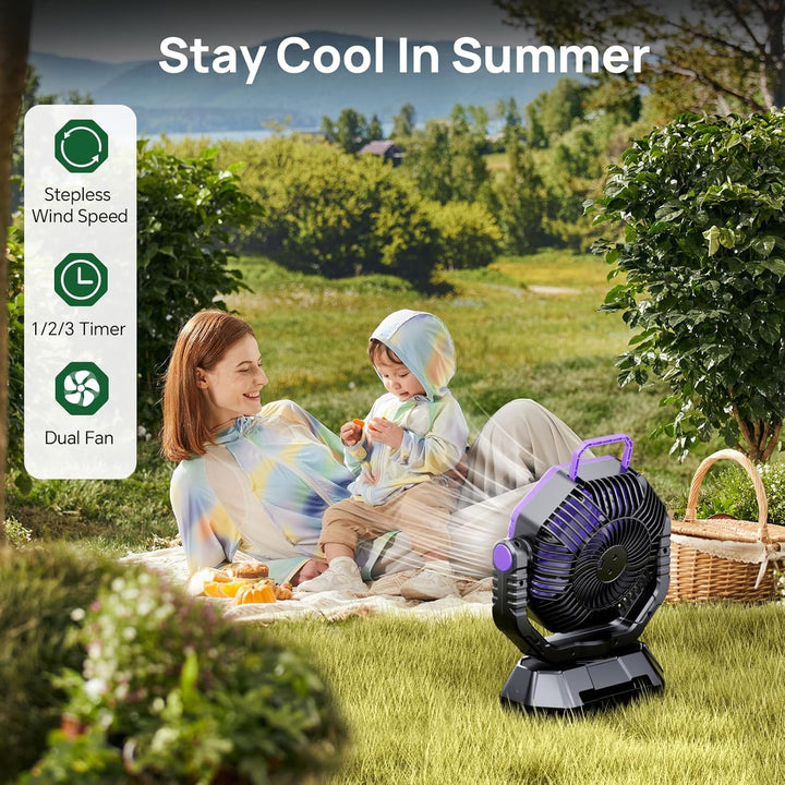 AJVV Camping Ventilator mit akku 20000mAh, Akku Ventilator mit Fernbedienung/LED Licht/270° Drehung,
