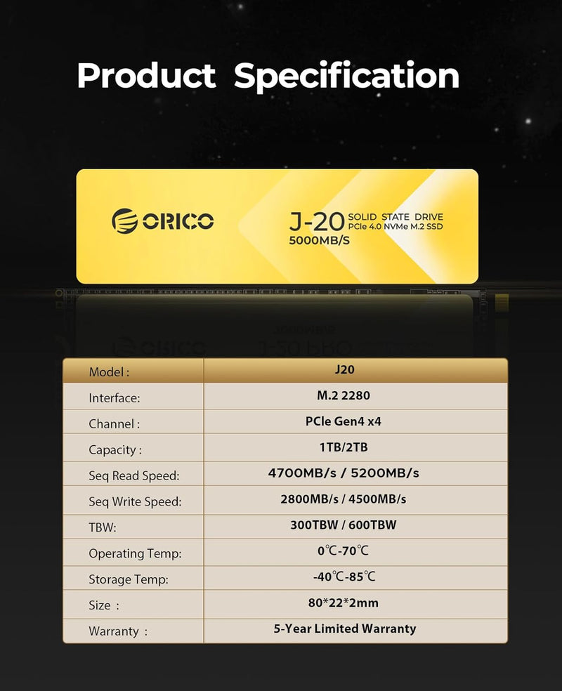 ORICO SSD 1TB M.2, PCIe 4.0 Interne NVMe SSD 2280 bis zu 4700 MB/s mit Kühlkörper, 3D NAND Flash, In