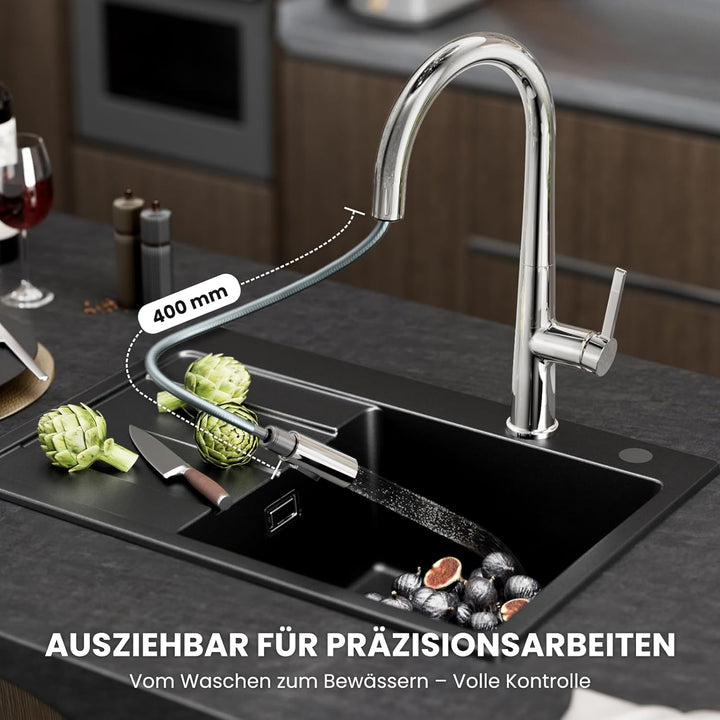 CECIPA Wasserhahn Küche, Hoher Bogen Hochdruck Küchenarmatur mit Brause Ausziehbar Armatur, Mischbat