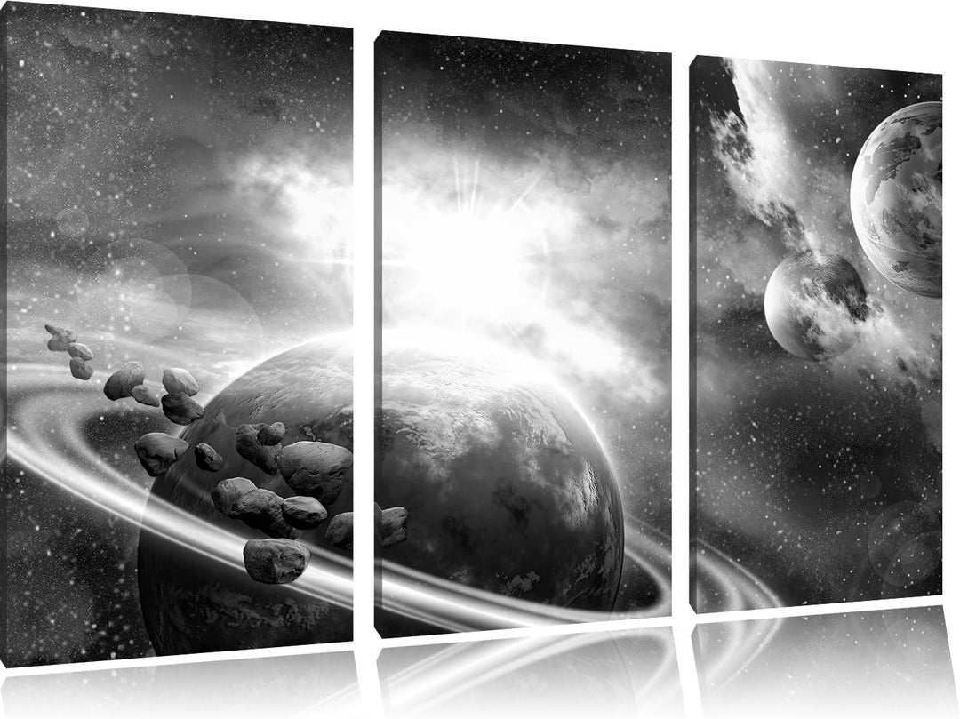 Pixxprint Planeten und Meteoriten im Weltraum Kunst B&W 3-Teiler Leinwandbild 120x80 Bild auf Leinwa