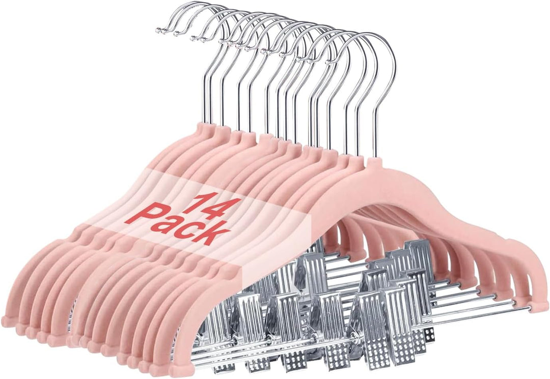 Wellong Baby-Kleiderbügel mit Clips, 14 Stück KinderKleiderbügel aus Samt, Strapazierfähige Kleiderb