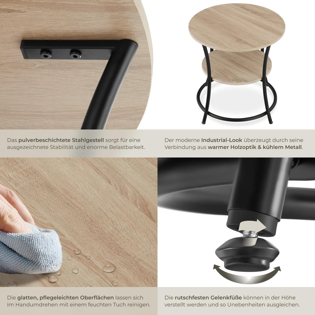 tectake Beistelltisch rund, Couchtisch mit 2 Ablagen, Industrie-Design, Nachttisch aus Holz, Ø55 x 5