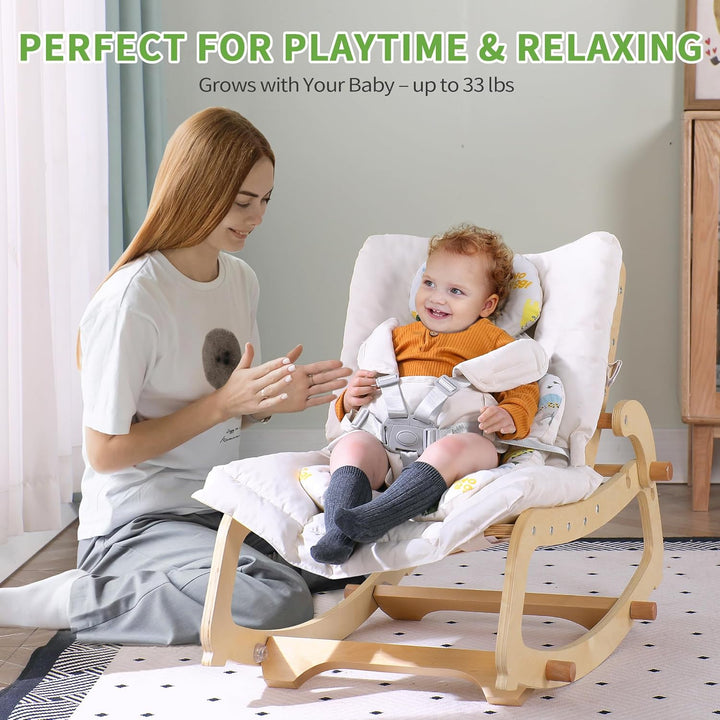 MALLBEST 3-in-1 Babywippe mit Doppelpolsterung, für 0-12 Monate, Verstellbarer Holz-Rocker-Stuhl für
