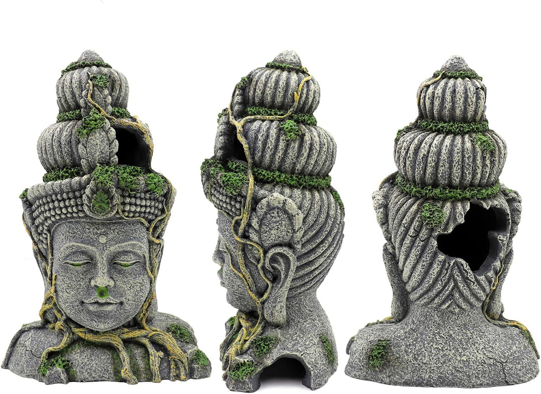 MUYIRTED Buddha Aquarium Dekoration Höhle Grosse Aquarium Ornamente, Grüne Moos Pflanze Bedeckt Stei