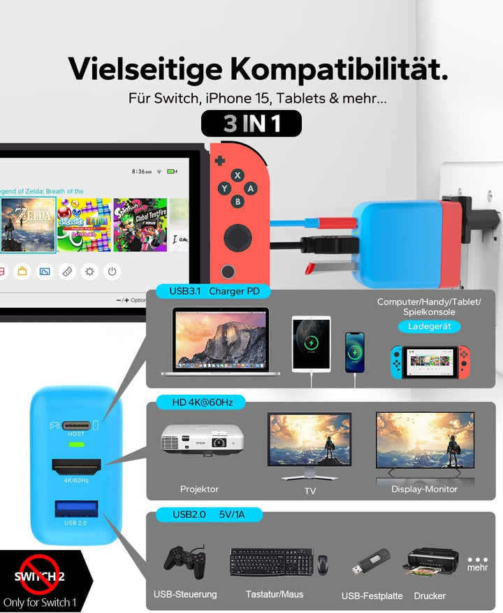 TreasLin Switch Ersatz Dock, PD 36W USB C Ladegerät für Switch-OLED TV Modus Dockstation für Switch