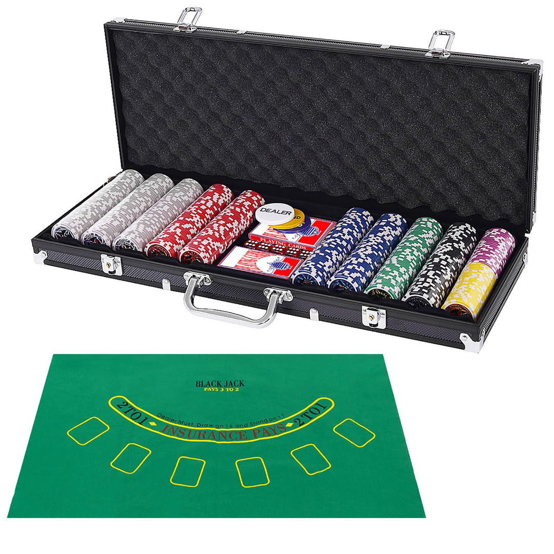COSTWAY 500 Laser-Chips Pokerset, Poker Komplett Set mit Chips, 2 Spielkarten, 5 Würfel, 3 Händler-C