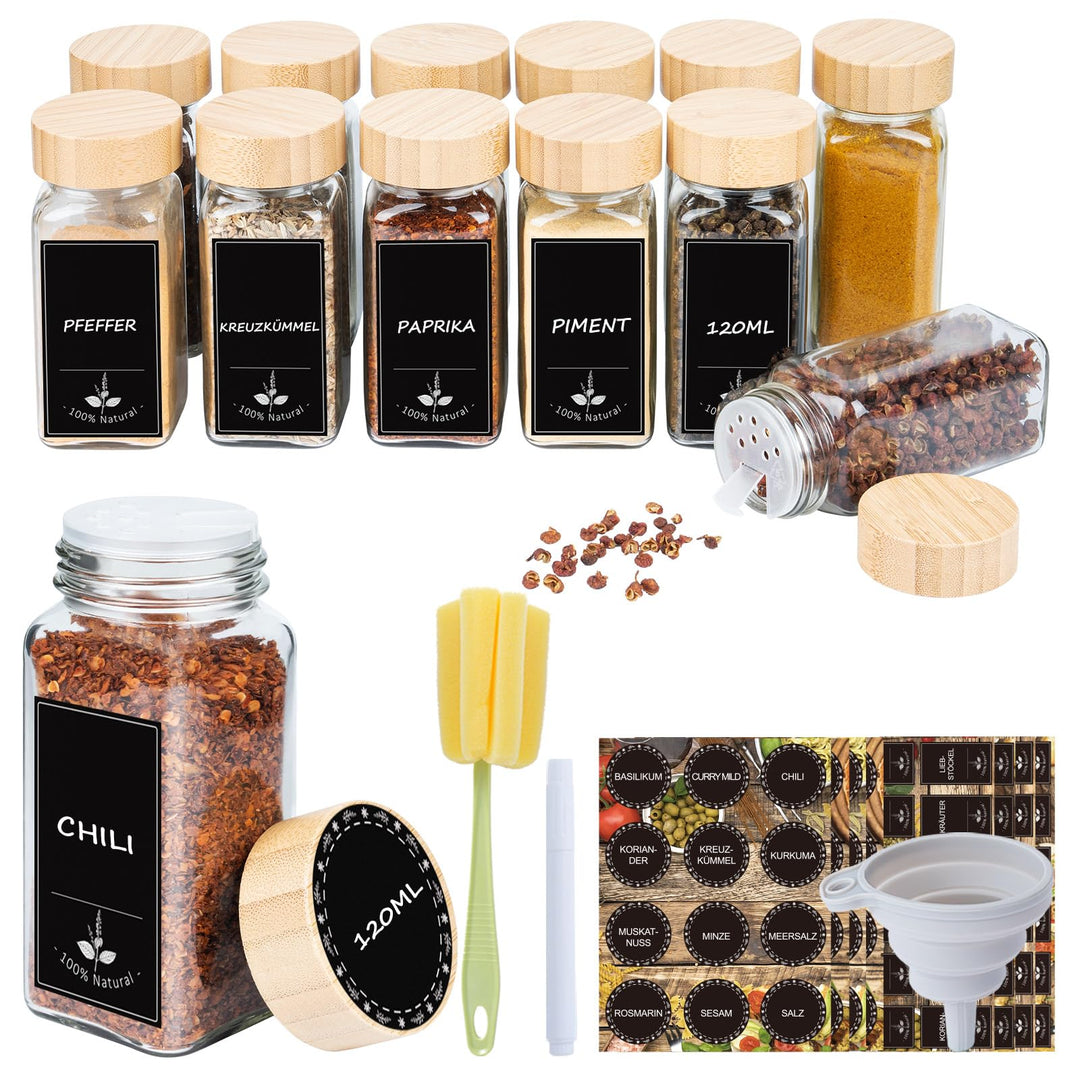 Gewürzgläser Eckig 12er Set 120ml, Gewürzdosen mit Streueinsatz, luftdichtem Schraubdeckel, Inkl. Tr