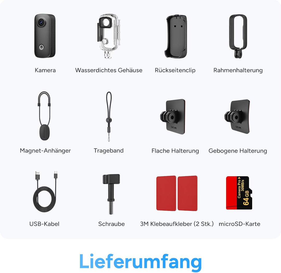 SJCAM C100 Pro 4K Bodycam, Mini Action Cam, 64GB, 148Min, 32g leicht | 120° POV Vlog Kamera, 30m Was