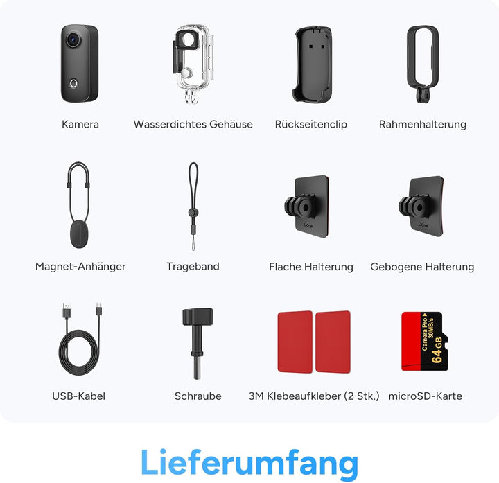 SJCAM C100 Pro 4K Bodycam, Mini Action Cam, 64GB, 148Min, 32g leicht | 120° POV Vlog Kamera, 30m Was