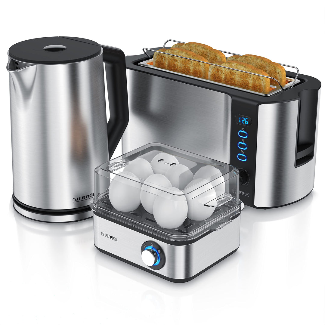 Arendo - Wasserkocher mit Toaster SET und Eierkocher, Edelstahl Silber, Wasserkocher 1,5L 40° - 100°