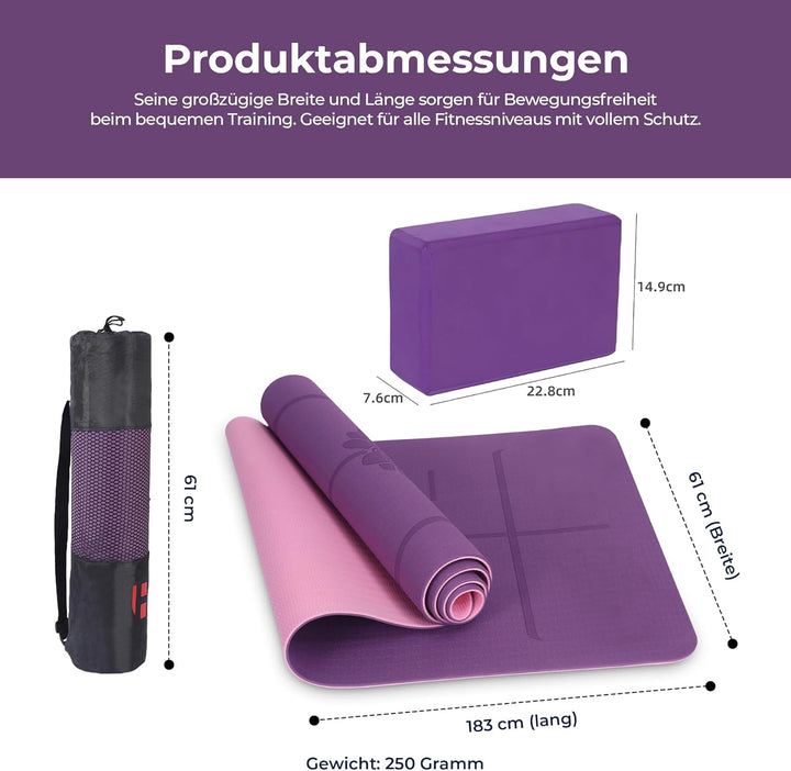 Habib Yogamatte Set mit Yogablöcken – Rutschfeste gepolsterte Fitnessmatte inkl. Tragetasche mit Sch