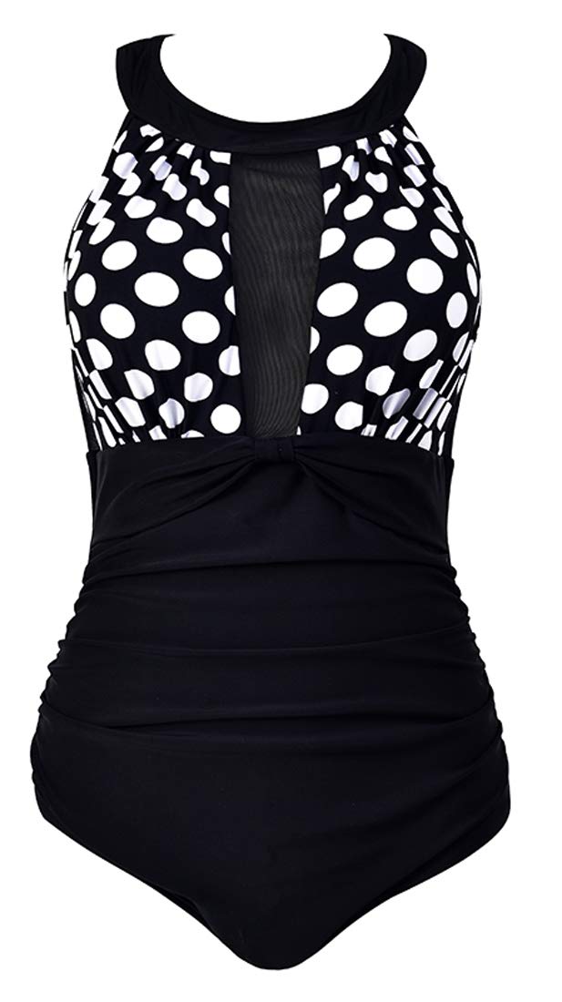 Damen Schlankheits Badeanzug Raffung Einteiler High Neck Bademode Strandmode XL Pin Up, XL Pin Up