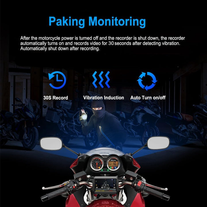 VSYSTO Motorrad-Dashcam, Duale 1080P-Front- und Rückfahrkamera 3-Zoll-IPS-Bildschirm 140 ° Weitwinke