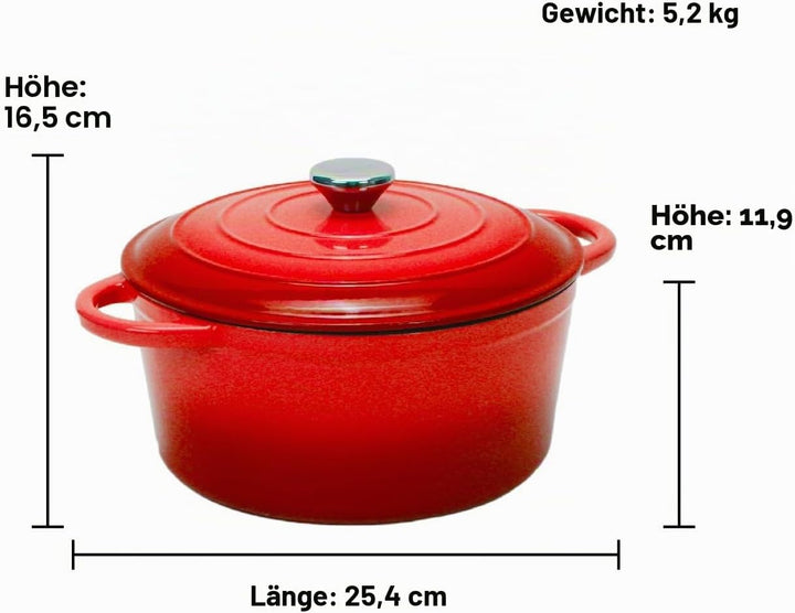 Gusseisen Topf 5L Ø 26cm - Emaillierter Schmortopf mit Deckel, Gusseisen Bräter für Brot backen &amp; Br