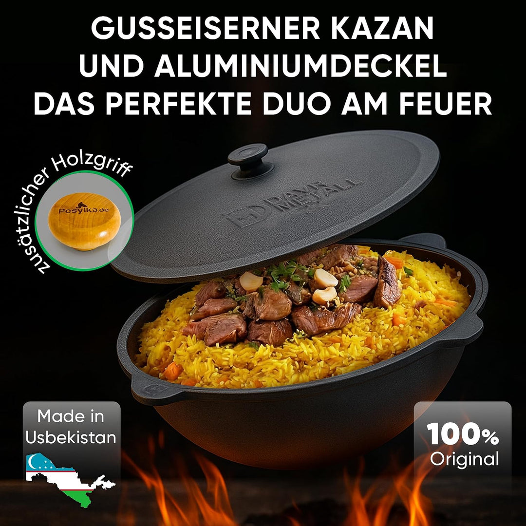 Gusseisen Kasan 10 L, Runder Boden, Untersetzer &amp; Schaumlöffel | Traditioneller Gusseisentopf: Usbek