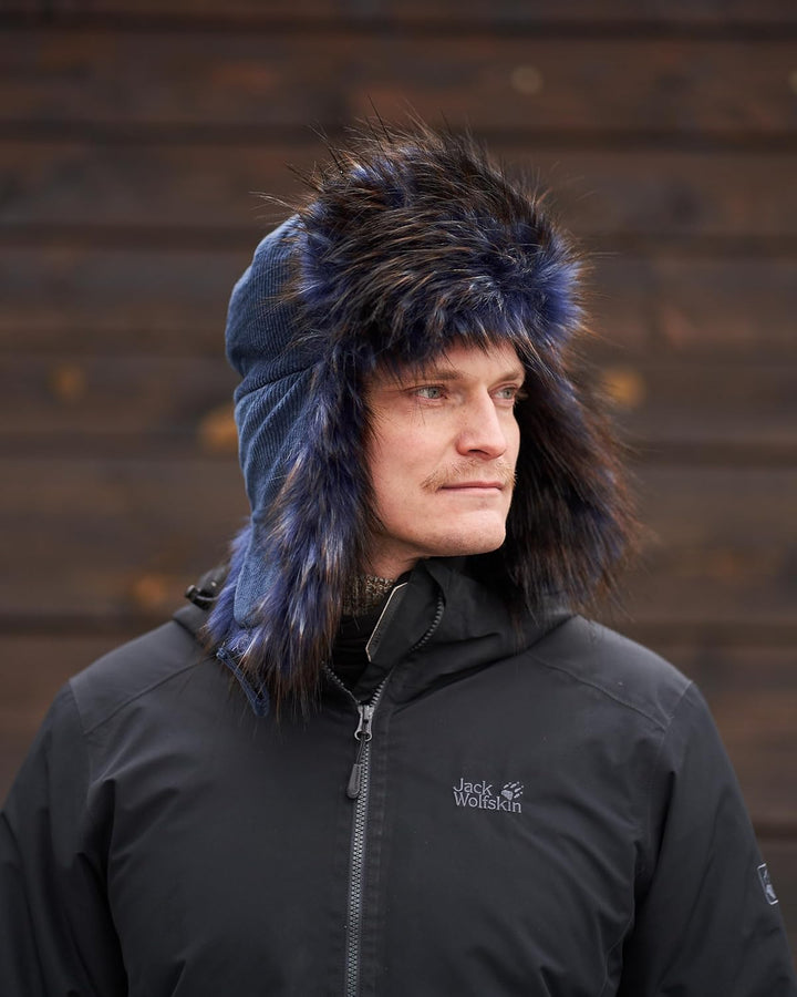 Futrzane Trappermütze aus Cord - Ushanka Herren - Fell Mütze mit Ohrenklappen S Marineblau - Marineb