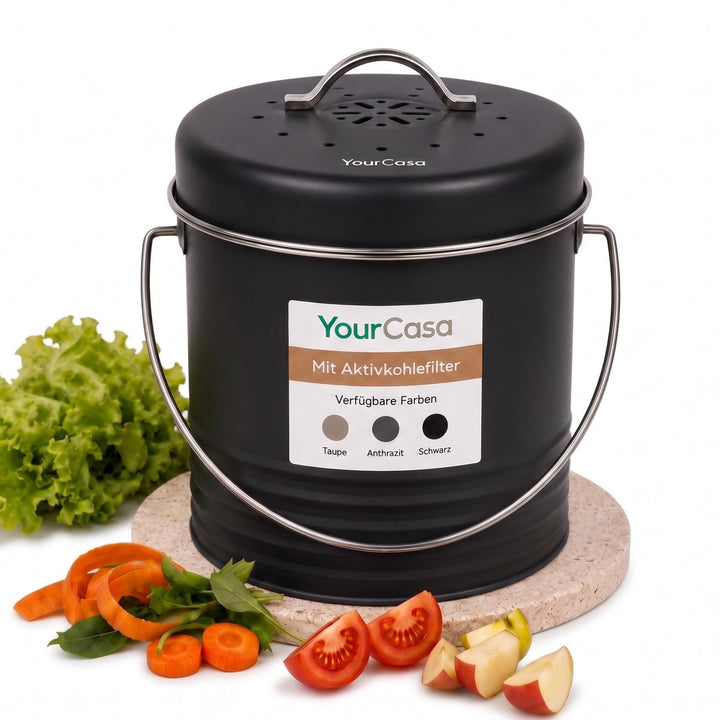YourCasa Biomülleimer Küche 4L aus Metall [Kora] - geruchsdichter Bio Mülleimer mit Deckel &amp; Aktivko