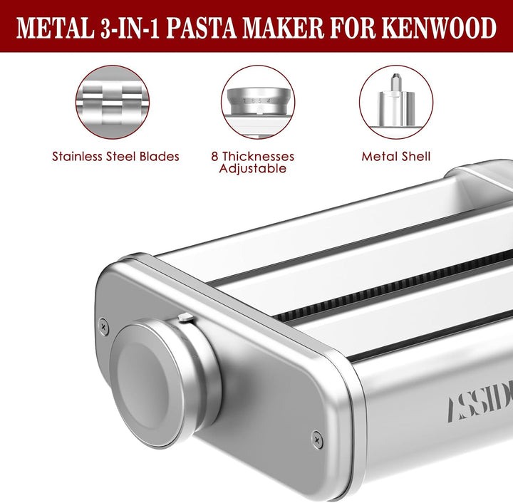 Nudelaufsatz Set für KVC/KVL Kenwood Küchenmaschine Nudelmaschine,3 in 1 Nudelvorsatz aus Edelstahl,