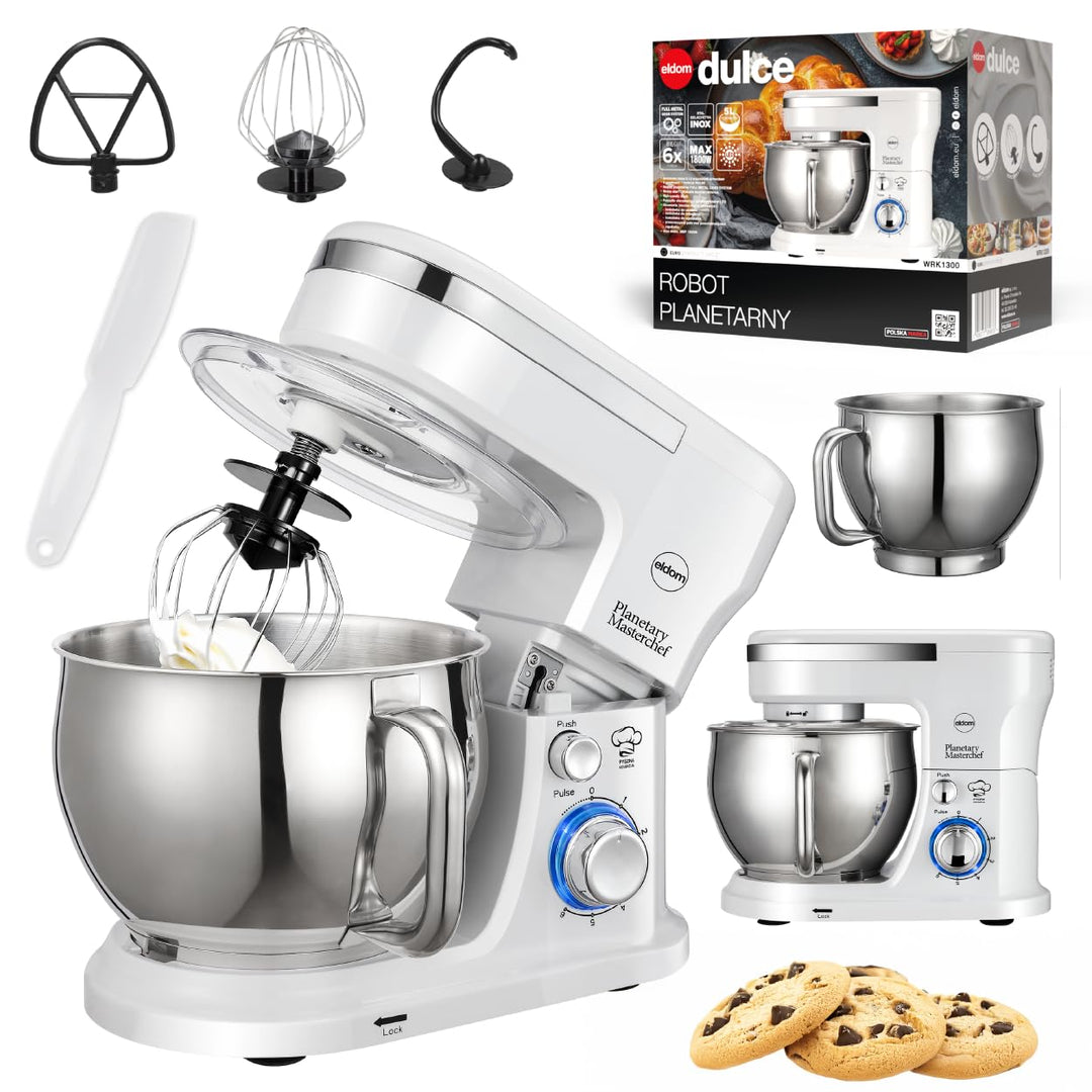 Küchenmaschine 1300W, Planetarische Rührmaschine 5L, 6 Geschwindigkeiten + Pulse, Metallgetriebe, Te