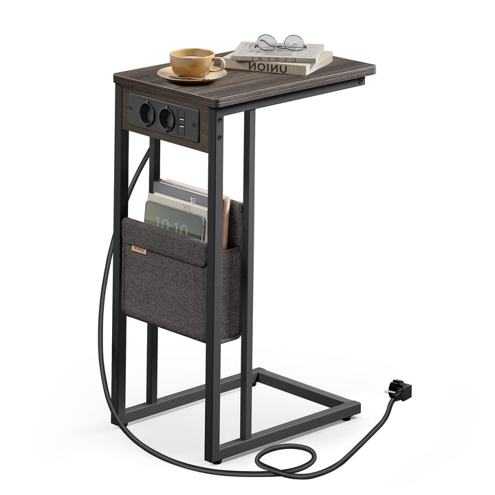 VASAGLE Beistelltisch, Sofatisch mit Ladestation, C Form, Couchtisch klein, Stofftasche, verstellbar