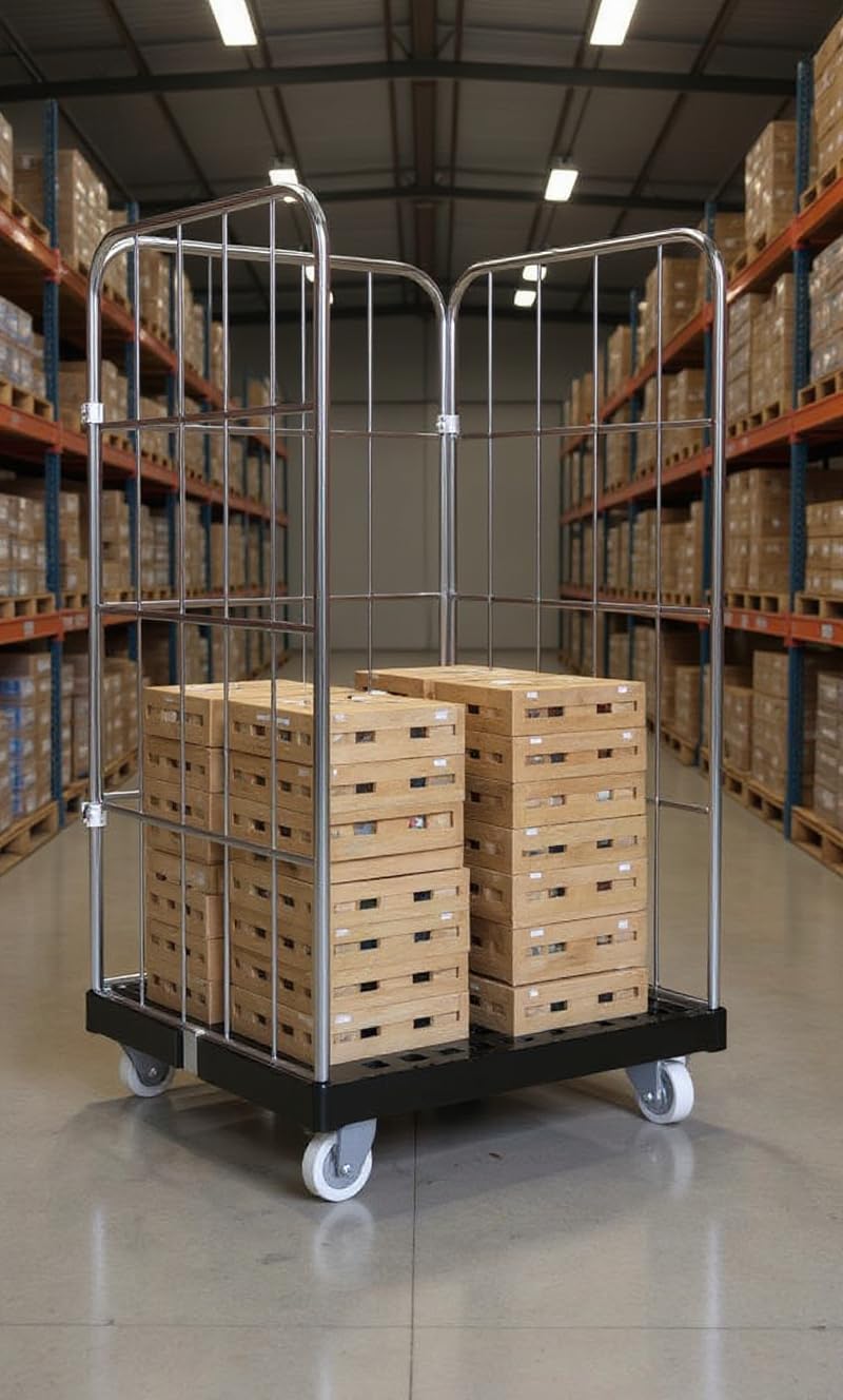 Rollbehälter 1650 mm 3-seitig blau verzinkt Rollgitter Rollwagen – Lagertransportlösung für maximale