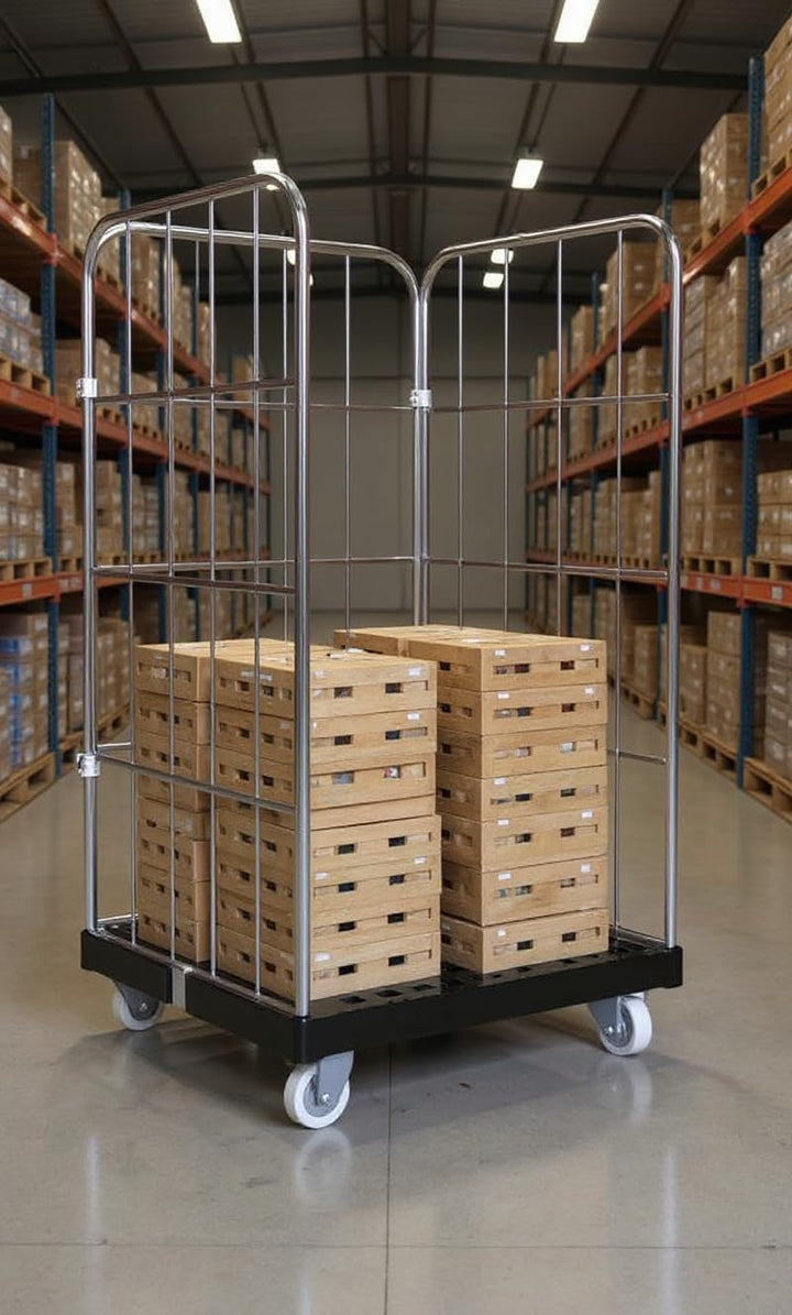 Rollbehälter 1650 mm 3-seitig blau verzinkt Rollgitter Rollwagen – Lagertransportlösung für maximale