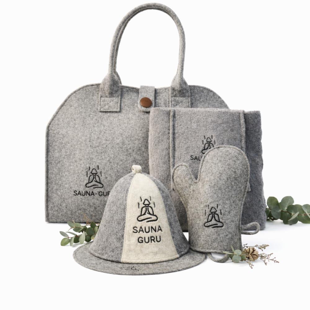 Sauna-Zubehör-Set – Woll-Banja-Hut, Kilt-Handtuch, Aufbewahrungstasche, Filzhandschuh &amp; Sitzkissen –