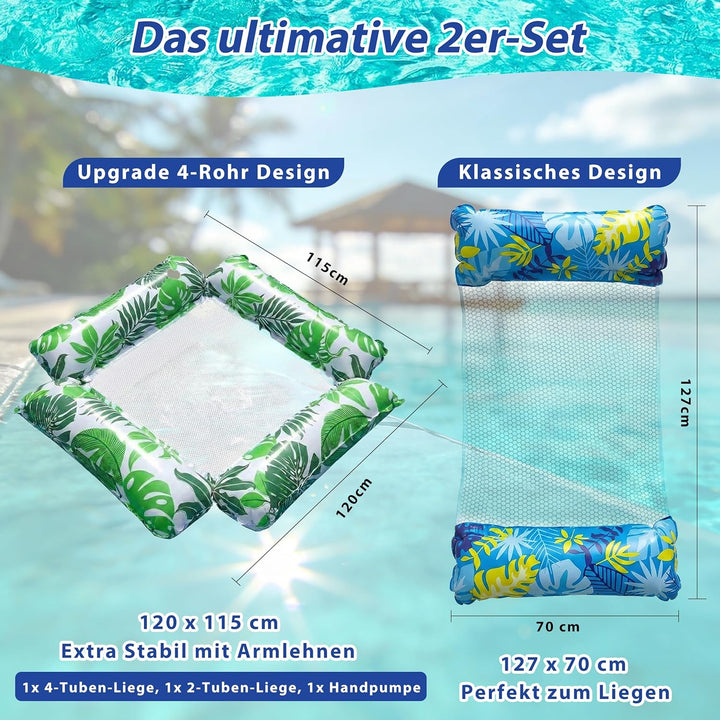 2er Set Pool Luftmatratze & Wasserhängematte, 4-in-1 Aufblasbares Schwimmbett (127x70cm & 120x115cm)