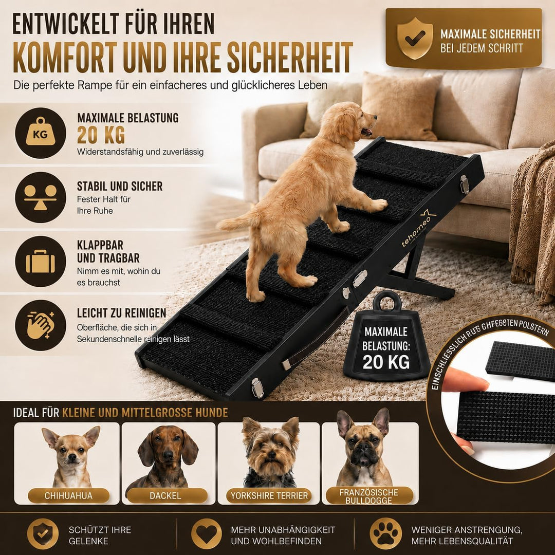 TEHORNEO Hundetreppe für Kleine Hunde, Hunderampe 4 Höhen 25-41 cm, Hunderampe Sofa, Hunde Rampe Bis